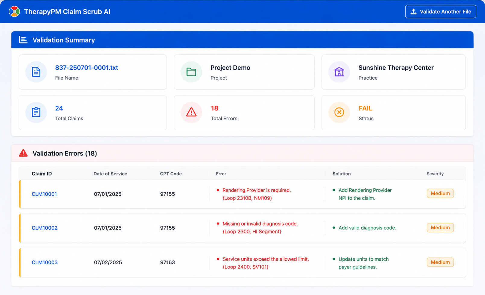 Claim error detection dashboard